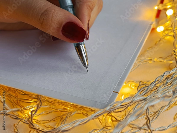 Fototapeta A woman's hand is writing with a pen in a notebook, the lights of a yellow LED garland are burning nearby. Making a list of goals. Background for advertising.