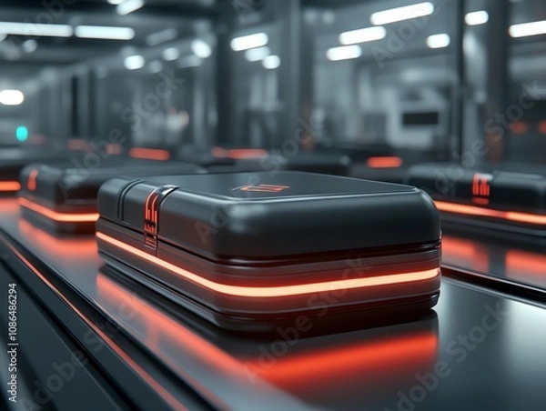 Obraz A futuristic luggage conveyor belt filled with glowing hightech suitcases