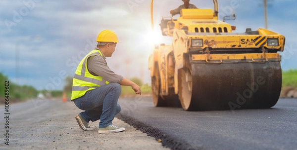 Fototapeta Road construction worker with roller machine and traffic cone