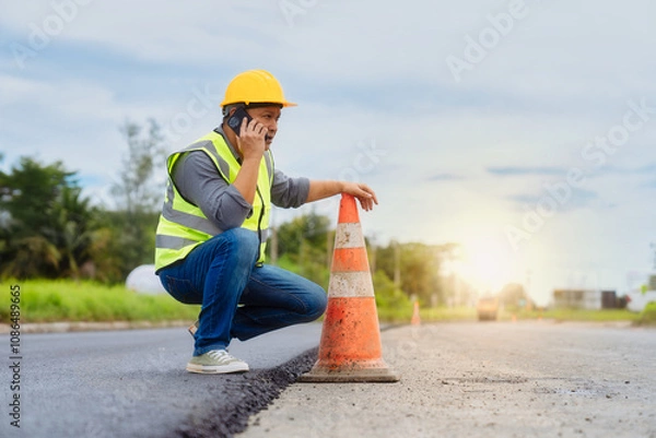 Fototapeta Construction worker checking roadwork progress with phone call