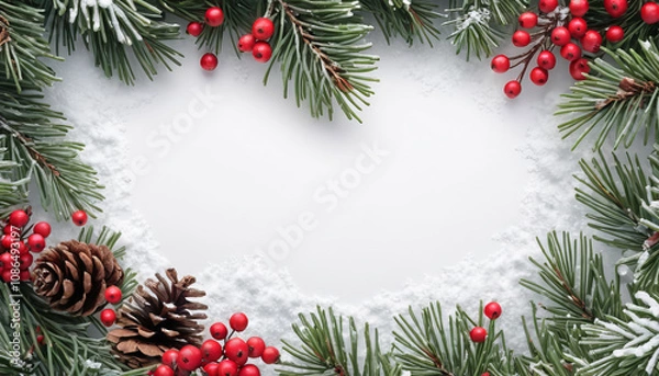 Obraz "Festive Christmas card on a white surface, decorated with cherry tomatoes, leaf's with space for text."