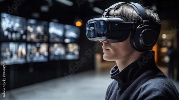 Fototapeta A person wearing a VR headset in a tech environment, engaged in virtual reality experience.