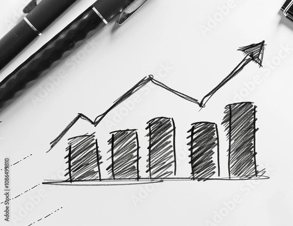 Fototapeta Creative Hand-Drawn Sketch of a Rising Bar Graph with Pen and Paper Background Illustrating Business Growth and Financial Success Concepts
