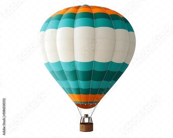 Fototapeta A unique hot-air balloon with bold stripes in teal, white, and orange isolated on transparent background, ideal for travel visuals