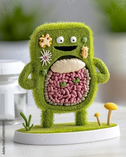 Fototapeta Cute Gut Microbiome Creature Green Grass Happy Healthy Intestines 3D Render Microflora Bacteria