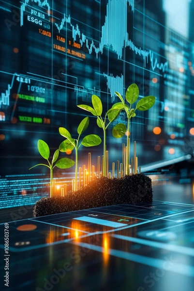 Fototapeta Digital presentation on ESG with growing plants and financial graphs, symbolizing sustainability and investment growth