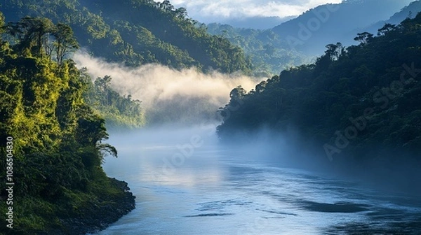Fototapeta Majestic river flowing through dense forest with misty hills