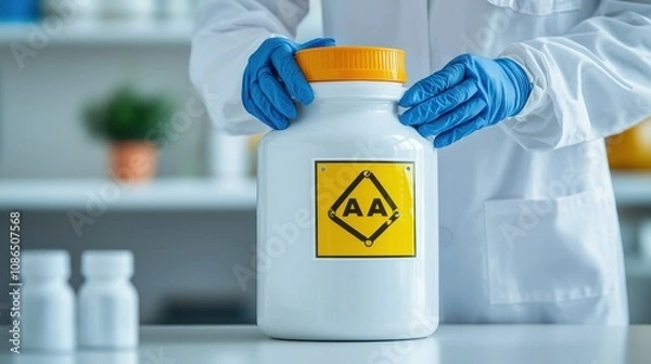 Obraz A person in a lab coat holds a large container with a hazardous materials label, indicating chemical safety protocols in a laboratory setting.
