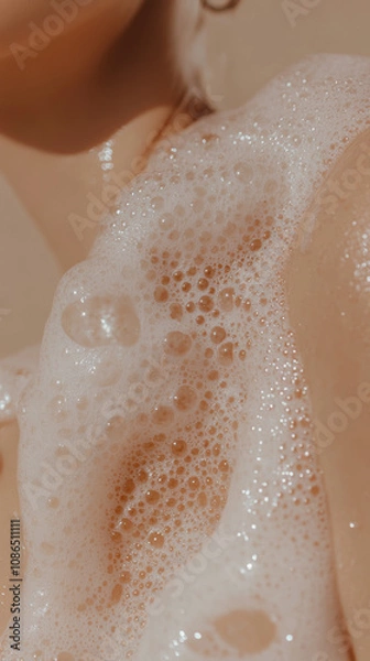 Fototapeta Inviting close up of creamy soap forming rich bubbles on skin