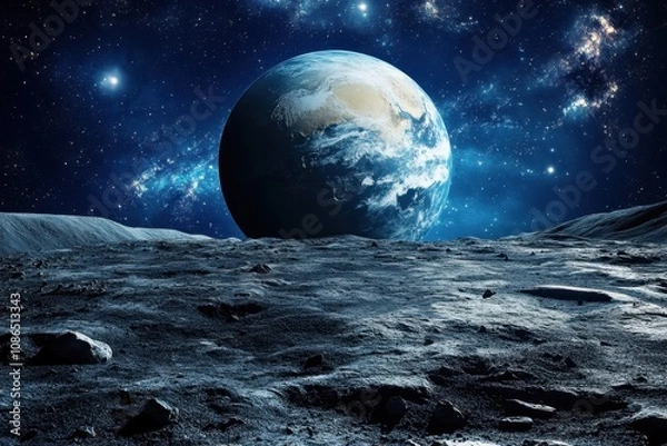 Fototapeta Earth rises over a barren, rocky lunar landscape, with a starry sky as backdrop.