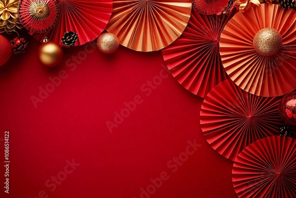 Fototapeta A vibrant top-down view of red and gold paper fans and ornaments, perfect for Chinese New Year celebrations and festive event decorations.