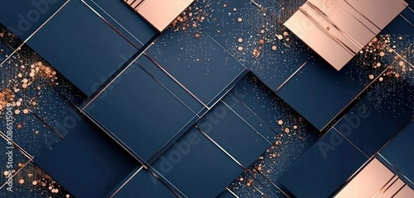 Fototapeta Navy blue and rose gold color blocks in an asymmetric layout, with thin rose gold lines adding a luxurious touch to this modern holiday design.