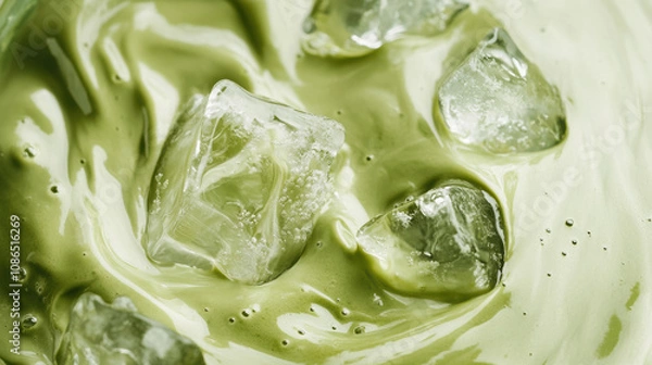 Obraz Close up of green iced matcha latte with creamy swirls and ice cubes