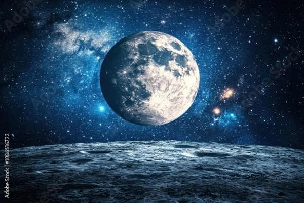Fototapeta Full moon rising over a cratered lunar surface against a starry night sky.