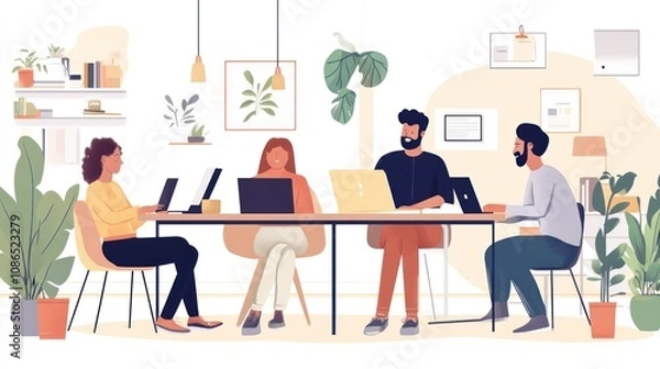 Fototapeta Four diverse colleagues working together at a table in a modern office space.