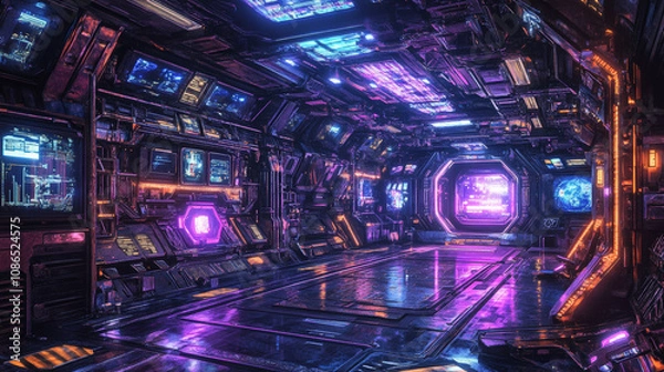 Fototapeta A futuristic spaceship interior.  Empty stage with reflective metal, vibrant purple and blue neon lights.  A 3D rendering of a sci-fi scene.