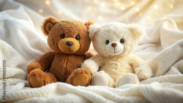 Fototapeta Sweet Friendship of Plush Teddy Bears on Soft Blanket â€“ Long Exposure Photography Capturing Childhood Innocence and Comfort