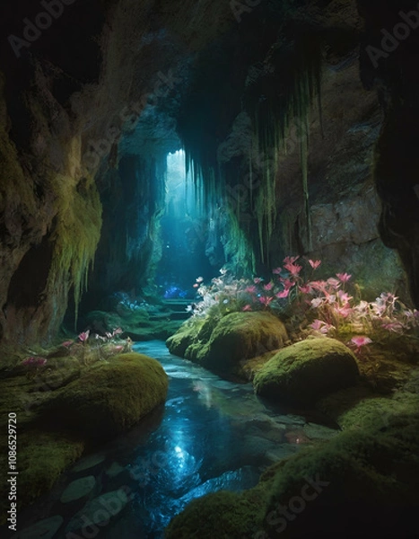 Obraz Enchanted Crystal Cavern with Glowing Flora