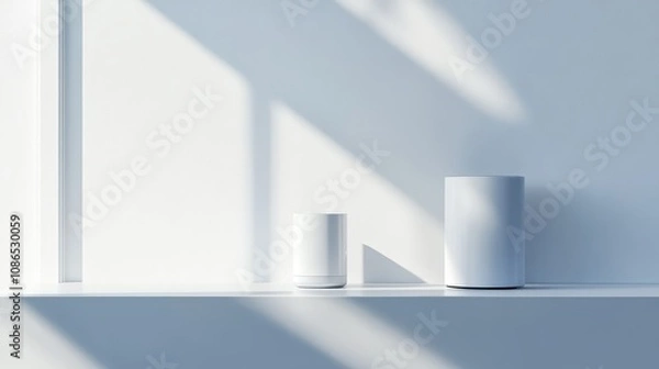 Fototapeta Single wireless speaker on a clean white shelf, casting a subtle shadow on the wall behind it.