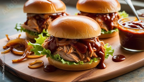 Fototapeta Classic pulled pork burger with fresh greens and rustic plating: Savor the Flavor: Pulled Pork Burger Done Right