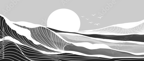 Obraz Black and white Ocean wave illustration. Creative minimalist modern painting and line art pattern. Abstract  contemporary aesthetic backgrounds landscapes. with Ocean wave, sunset and sea