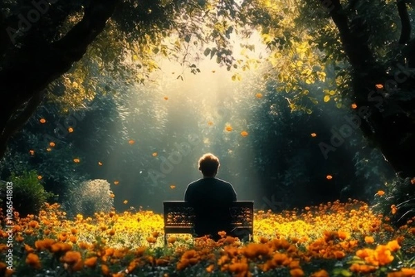 Fototapeta Person sitting bench garden is facing away from impressionistic scene