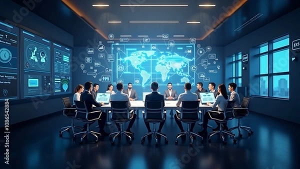 Fototapeta Visualize a business meeting with executives interacting with AI-driven holographic presentations. Include floating data charts, digital assistants, and futuristic conference room aesthetics.