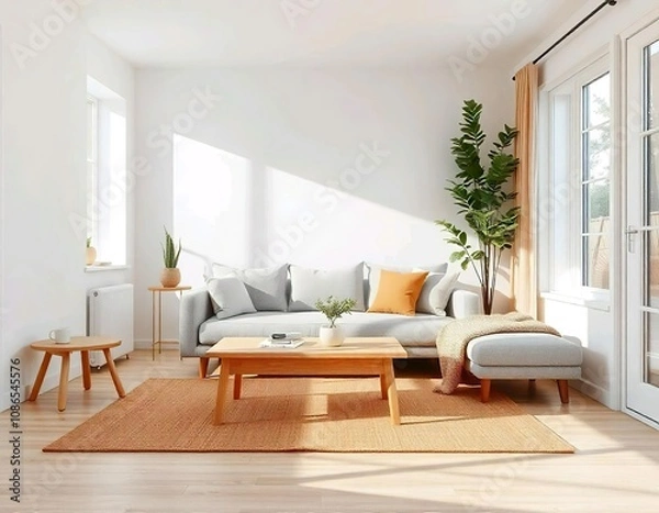 Fototapeta A modern, minimalist living room with a gray sofa, wooden coffee table, and potted plants. The room has large windows that let in plenty of natural light, creating a bright and airy atmosphere