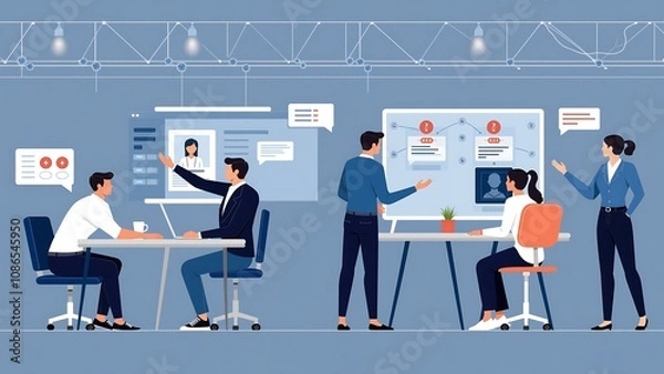 Fototapeta Depict an AI-enhanced HR department, with virtual interviews, automated candidate screening, and digital onboarding processes in a modern, tech-savvy office.