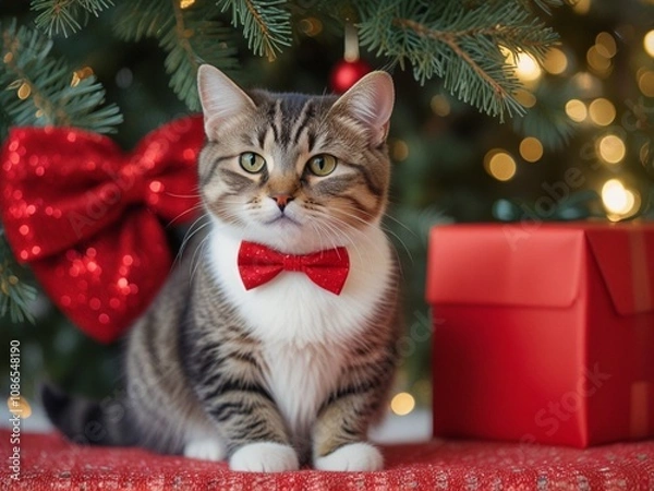 Fototapeta christmas cat wearing red bow tie on bokeh background. christmas tree behind.