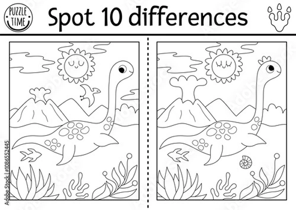 Fototapeta Find differences game for children. Dinosaur black and white educational activity with plesiosaur and prehistoric landscape. Line puzzle for kids with animal. Printable worksheet, coloring page