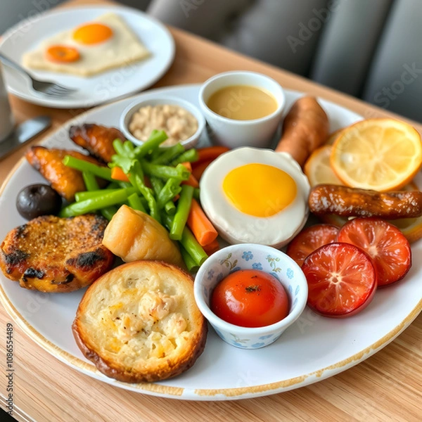 Fototapeta Breakfast platter with mixed combination of foods