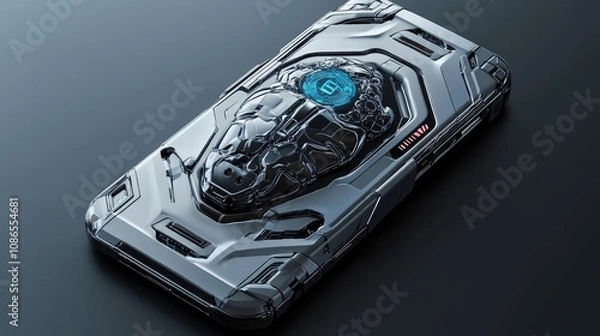 Fototapeta 3D futuristic phone with AI brain and robotic details, sleek metallic finish, simple background