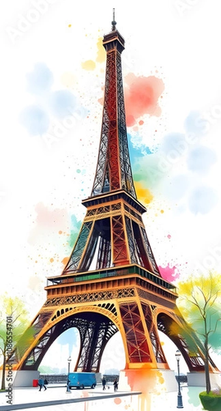 Fototapeta watercolor art, painting of an eiffel tower in paris with colorful splashes, in the style of spectacular backdrops, colorful cityscapes