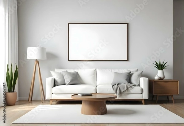 Fototapeta A modern living room with a white sofa, a wooden coffee table, and a large framed blank wall