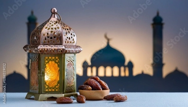 Fototapeta Lantern that have moon symbol on top and small plate of dates fruit with night sky and city bokeh light background.
ai generated