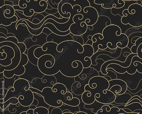 Fototapeta  Clouds in the night sky. Abstract seamless pattern in oriental style. Decorative Chinese magic frame. Vector illustration. 