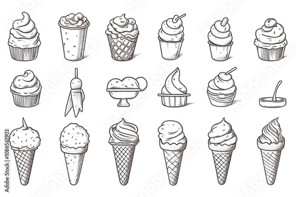Fototapeta illustration of an ice cream set. Different types and tastes of cold desserts cups cones soft serve bars sticks popsicles frozen juice in waffles and on sticks. Vintage hand-drawn style generative ai