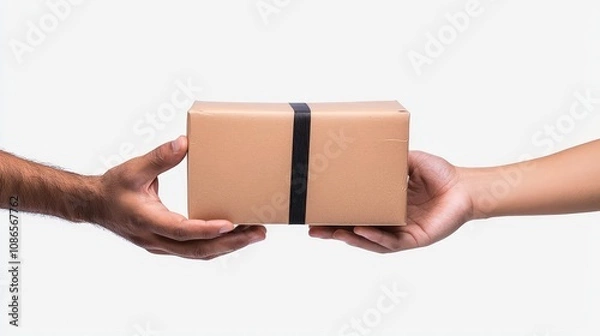 Fototapeta Closeup of hands handing over a package, hyperrealistic 3D, isolated on white background