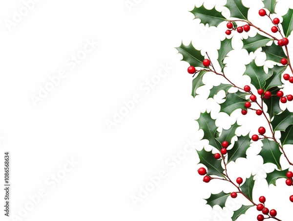 Fototapeta Holly leaves with red berries isolated on transparent background with copy space