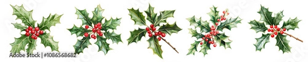 Fototapeta Set of watercolor holly leaves with red berries isolated on transparent background 