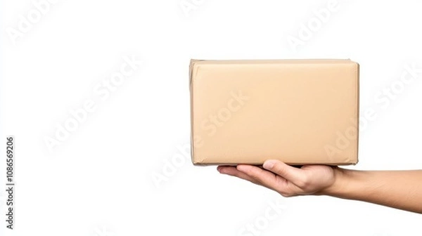 Fototapeta Hands delivering a package, ultrarealistic photography, isolated on white background