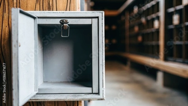 Fototapeta Empty Metal Mailbox with Lock in Front of Storage Lockers