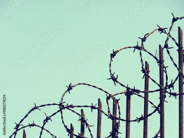 Fototapeta Barbed wires on iron fences to prevent thieves from entering home. Dangerous sharp and obstacles. Border fence boundaries. Restriction zone.