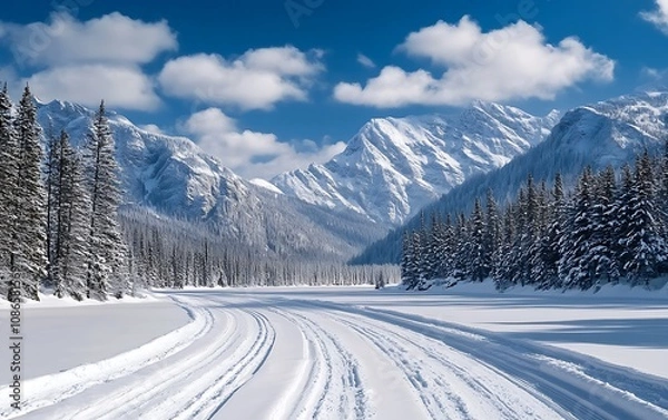 Fototapeta A beautiful winter landscape in the Canadian Rocky Mountains a snow-covered mountain range and blue sky with white clouds A frozen lake surrounded by pine trees A snowy road with tire tracks leading