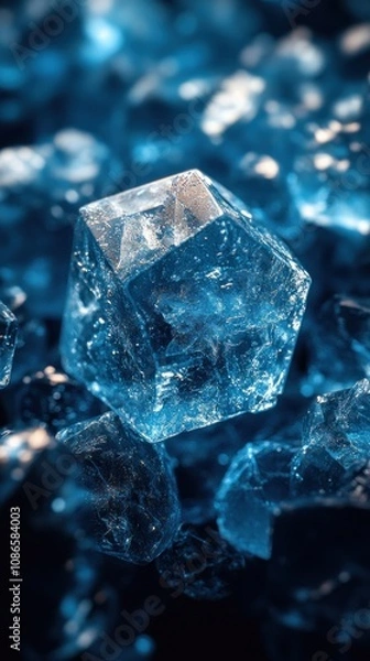 Fototapeta Close-up of a clear blue crystal on a textured surface.