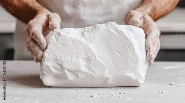 Fototapeta Hands Holding a Chunk of White Plaster on a Table, Showcasing Artisanal Craftsmanship in a Bright and Clean Workspace Filled with Creative Potential