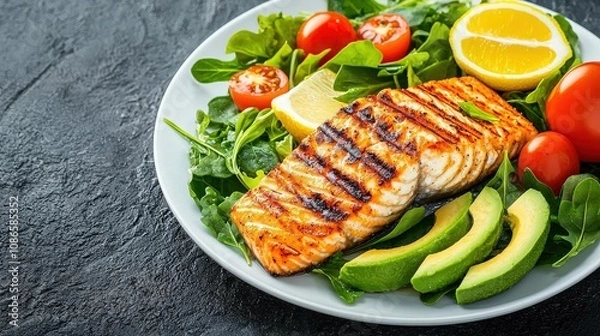 Obraz Vibrant detox meal with grilled fish, avocado, and greens, focusing on healthy fats and fatburning nutrition, detox meal, fat reduction concept