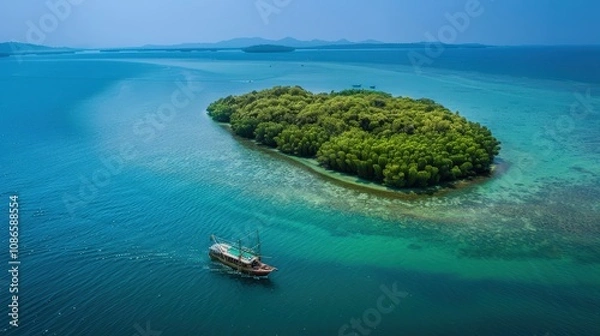 Fototapeta Serene Island with Boat in Turquoise Waters