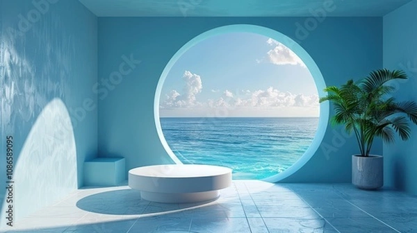 Fototapeta Serene Coastal Room With Ocean View And Minimalist Decor